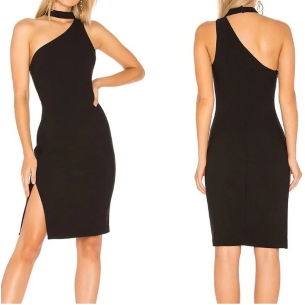 LIKELY One Shoulder Dress Women 00 Black Choker Neck Slit Cocktail Mini LBD